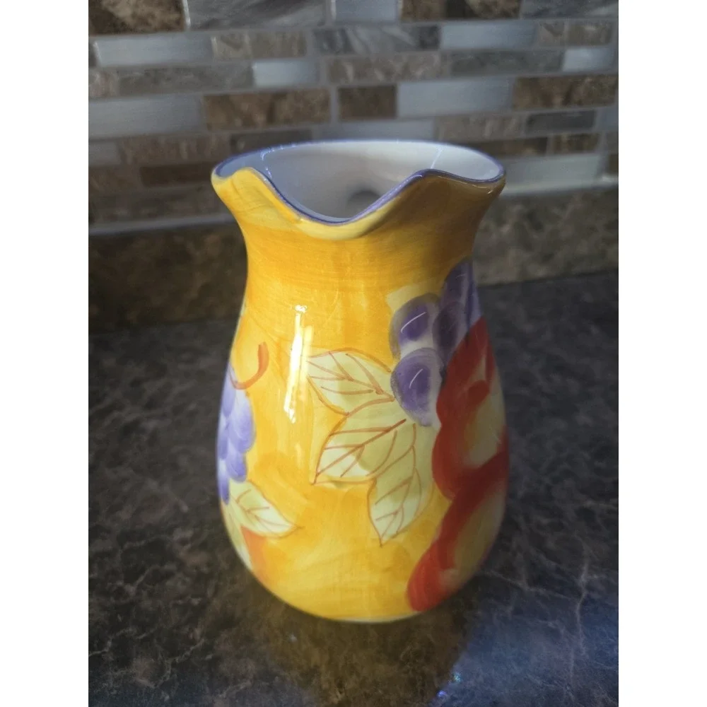 Holiday Designs USA pitcher Fruit Grapes Peaches Yellow Orange 7 Inches Tall
